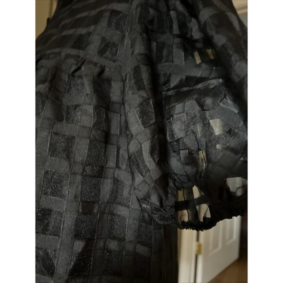English Factory Puffy Sleeve Black Dress window pane semi sheer lined tired sz S - Picture 8 of 16